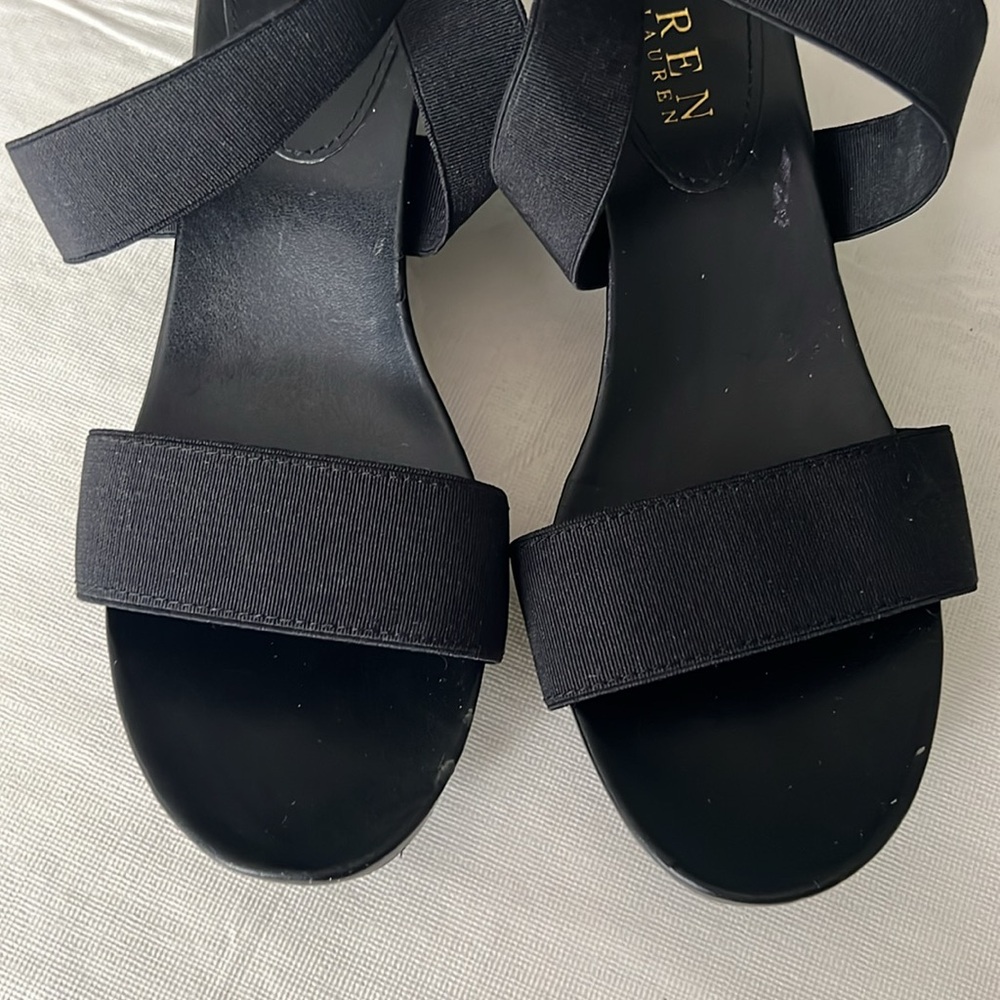 LAUREN Ralph Lauren Black Elastic Stretch Strap Slip On Wedge Sandal Heel Size 7 - Picture 9 of 9